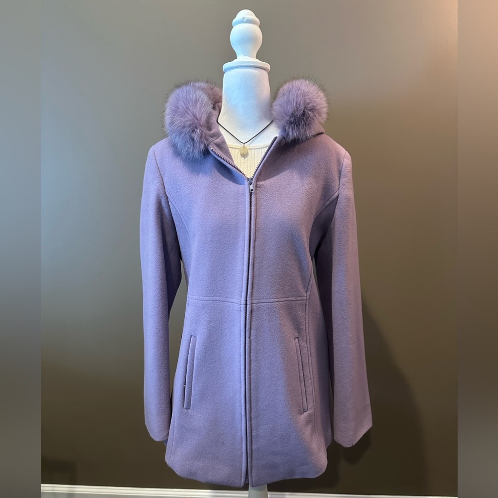 Marvin Richards Lilac 100% wool coat with Faux Fur Trim